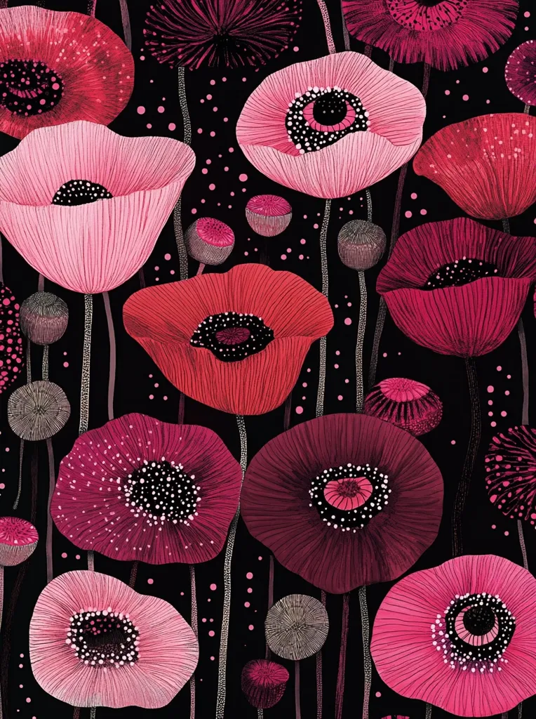 A vibrant illustration showcases a profusion of stylized poppies in varying shades of pink and red.  The flowers, intricately detailed with textured petals and dark centers, bloom against a stark black backdrop speckled with tiny dots.  The design creates a striking contrast and a sense of depth, evoking a rich, almost dreamlike floral tapestry.