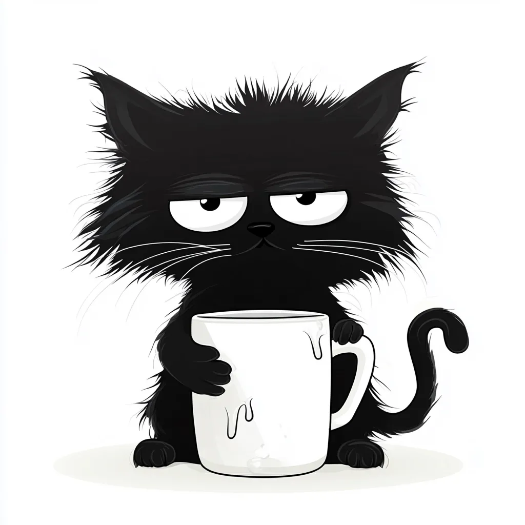 A grumpy-looking black cat with messy fur sits holding a large white mug.  The cat's expression is sullen, its eyes half-closed.  The mug appears to have a small amount of liquid dripping down the side. The illustration is cartoonish and features a simple white background. The overall mood is humorous and slightly melancholic.