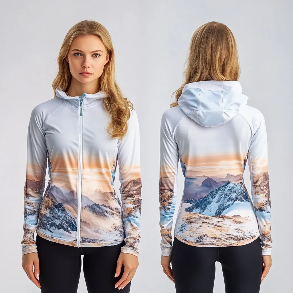 A women's zip-up hooded jacket is shown from the front and back.  The lightweight jacket features a scenic mountain range print on a white background.  The model is wearing black leggings.  The jacket appears to be made of a soft, athletic material, suitable for outdoor activities.  The design is stylish and functional.