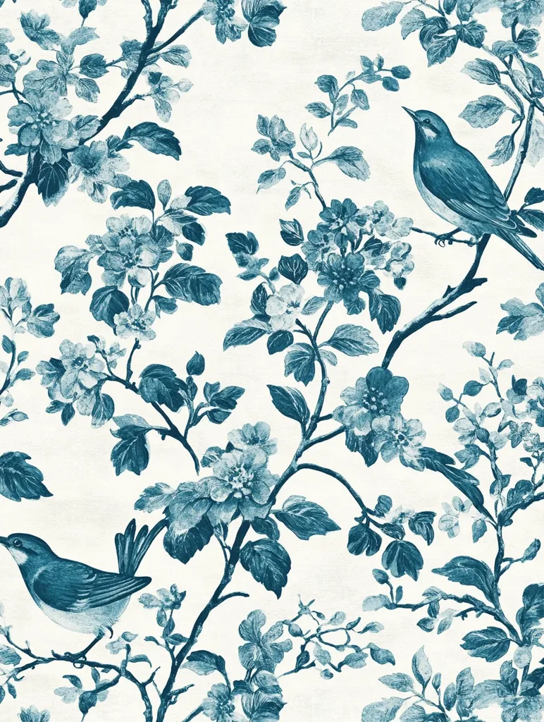 A seamless pattern features delicate teal-colored blossoms and birds perched on blossoming branches. The design is reminiscent of vintage botanical illustrations, with a textured off-white background enhancing the antique aesthetic. The intricate details of the flowers and the elegant posture of the birds create a sophisticated and calming visual effect.  The color palette is serene and unified, making it suitable for various decorative applications.