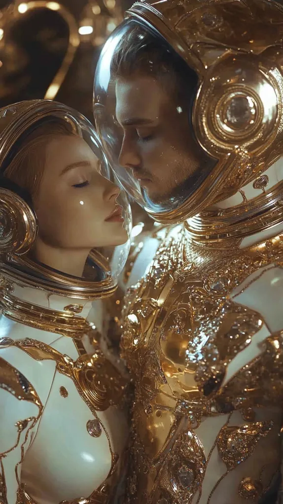 A close-up shot depicts a couple embracing, both dressed in ornate, gold-accented white spacesuits.  Their helmets are transparent, allowing their faces to be seen as they gently lean towards a kiss. The image is richly textured with a focus on the metallic details and soft lighting, creating a romantic and futuristic atmosphere.  The suits appear to be intricately designed, possibly for a special occasion.