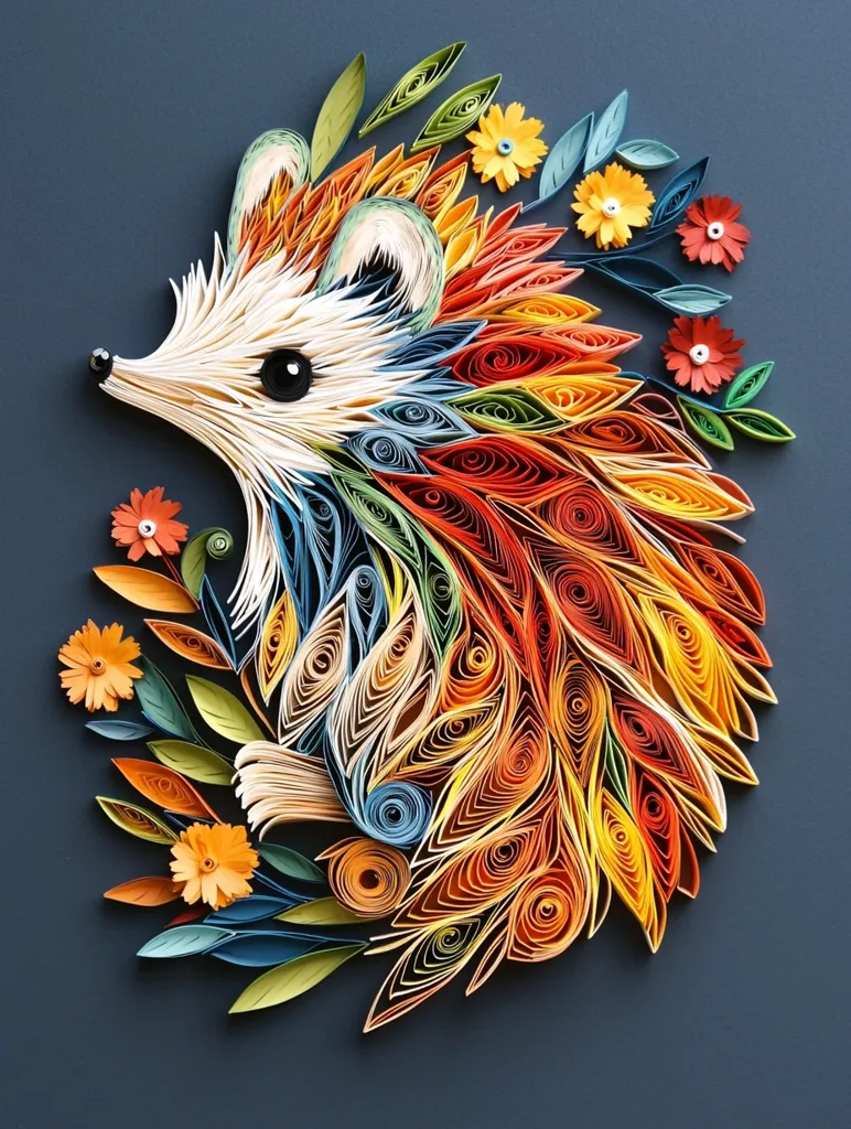 A vibrant paper quilling artwork depicts a hedgehog surrounded by colorful flowers and leaves.  The hedgehog's quills are meticulously crafted from tightly rolled paper strips in various shades of orange, red, yellow, blue, and green, creating a rainbow effect.  Delicate paper flowers and leaves add to the whimsical design against a dark blue background. The intricate detail showcases the artist's skill in this unique paper art form.