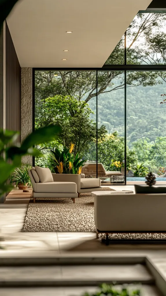 A modern living room boasts expansive glass walls showcasing a lush green landscape.  Beige, minimalist furniture, including a chaise lounge and coffee table, complements the natural surroundings.  Soft, natural light fills the space, highlighting the tranquil atmosphere. The room's design seamlessly blends indoor and outdoor living, creating a serene and sophisticated ambiance.