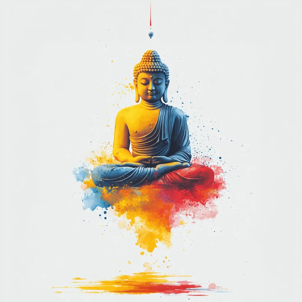 A serene depiction of Buddha in a meditative pose, rendered in a vibrant palette of gold, blue, and red.  He sits on a colorful, watercolor-like cloud, suggesting tranquility and spiritual enlightenment.  A single red line extends upwards, culminating in a small circle above his head, adding a mystical element to the artwork. The image evokes peace and contemplation.