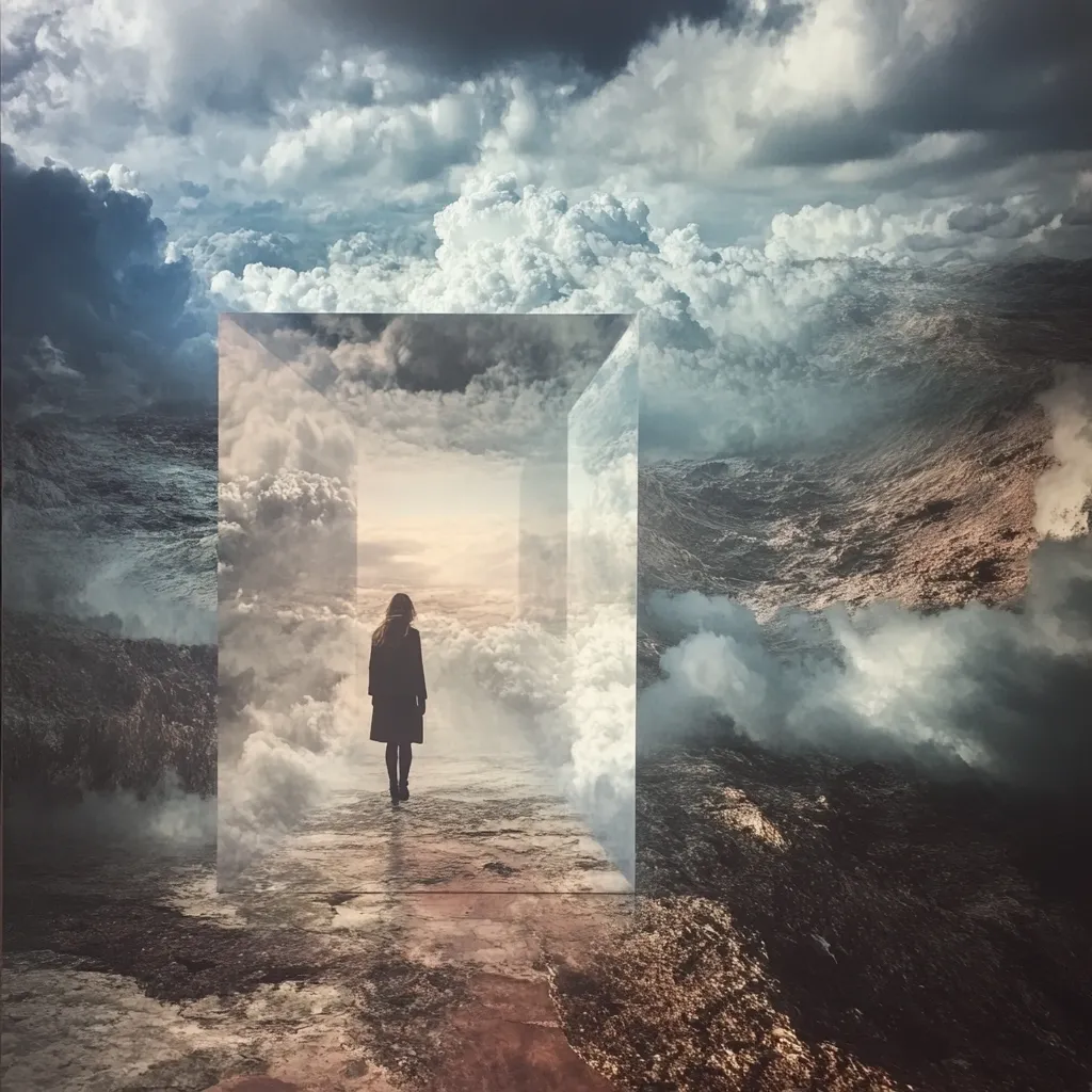 A solitary woman stands at the threshold of a transparent cube, gazing towards a serene, cloudy expanse beyond.  The cube, seemingly suspended between a tempestuous sea and a tranquil sky, acts as a portal. The image evokes a sense of transition, choice, and the contrast between inner peace and external turmoil. The woman's journey symbolizes a passage into the unknown.