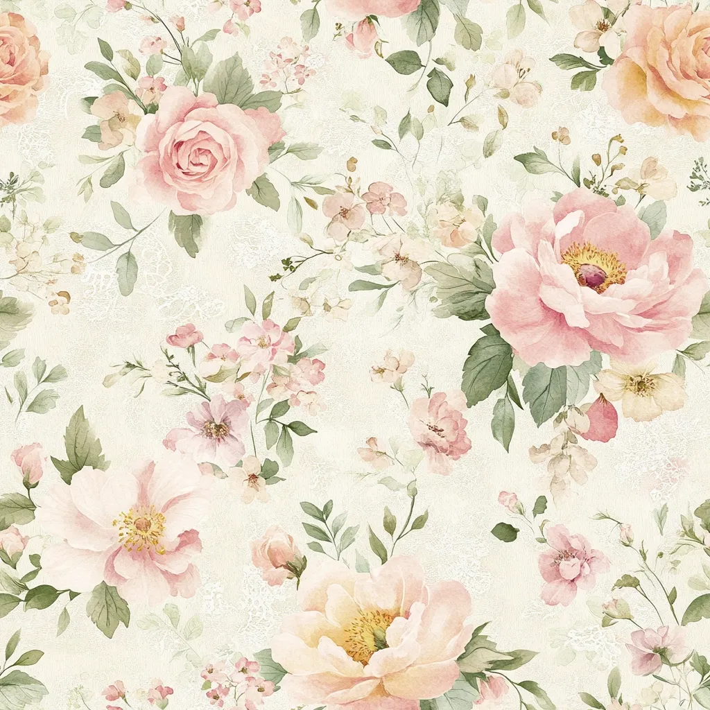 A watercolor floral pattern features delicate pink and peach roses, peonies, and smaller blossoms on a creamy, textured background.  The design evokes a romantic, vintage aesthetic with soft color tones and a subtle lace-like overlay.  Green foliage intertwines the blooms, creating a lush and densely patterned effect.  The overall style is reminiscent of antique floral prints or wallpaper.