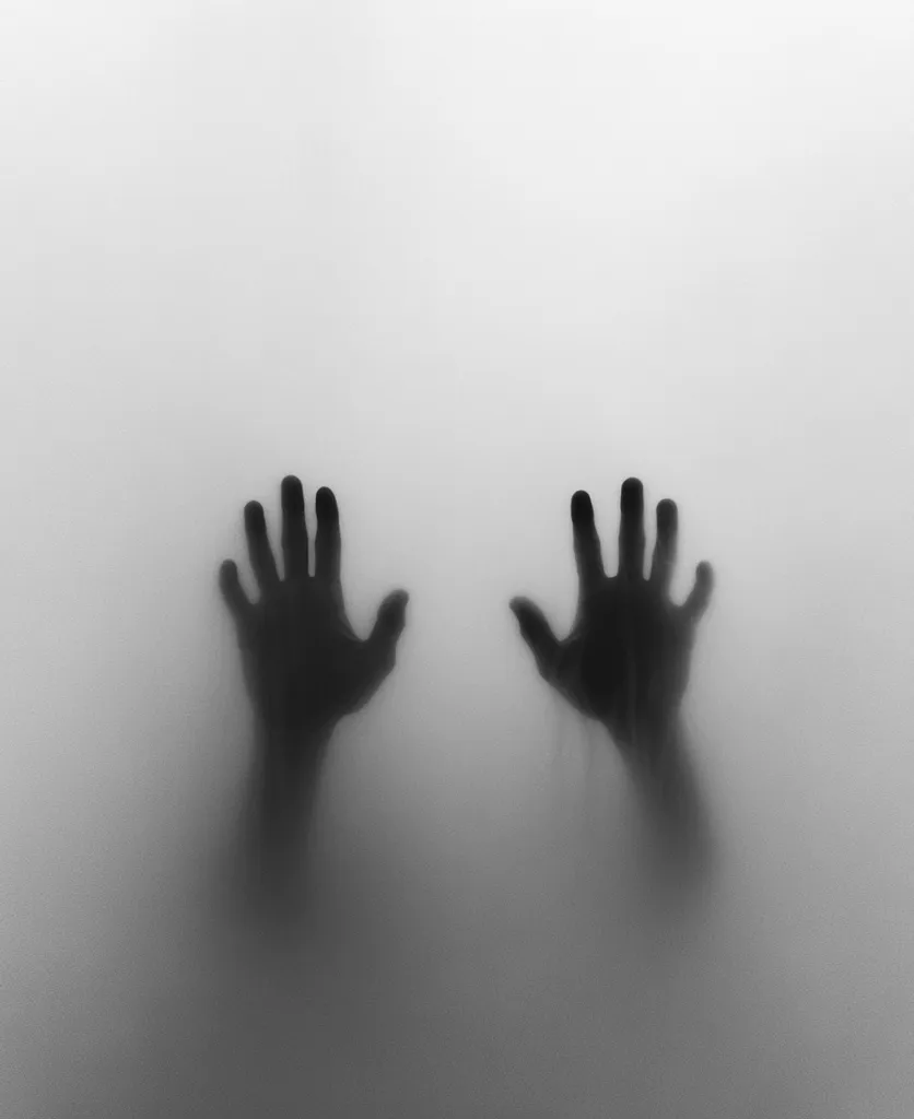 Two shadowy hands are pressed against a frosted glass surface, their forms vaguely visible through the obscuring layer.  The image is monochromatic, emphasizing the silhouettes and creating a sense of mystery and unease.  The hands appear to be reaching out, suggesting a feeling of captivity or desperation. The overall mood is dark and slightly unsettling.