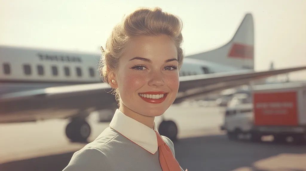 A smiling blonde woman, styled in a classic 1950s updo, poses in a light blue flight attendant uniform with a coral tie.  She stands on an airfield with a large airplane in the background, suggesting a scene from the golden age of air travel. The image evokes a sense of nostalgia and the glamour associated with mid-century aviation.