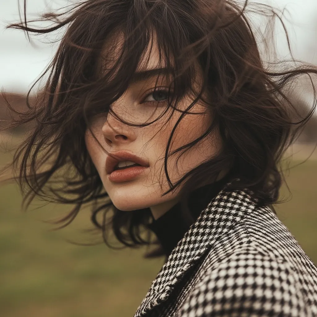 A young woman with windswept dark brown hair partially obscuring her face.  She has fair skin, freckles, and soft features.  Her lips are subtly colored, and her gaze is directed away from the camera. She is wearing a black and white houndstooth patterned jacket. The background is blurred, suggesting an outdoor setting. The overall mood is moody and atmospheric.