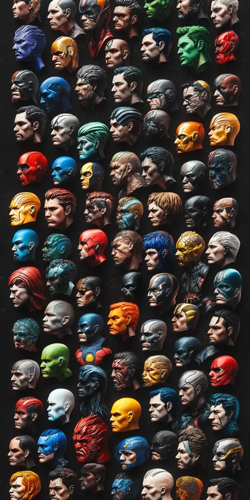 A dense collection of sculpted heads, each depicting a unique character with distinct features and vibrant colors. The heads are arranged in a grid pattern against a black background, showcasing a variety of hairstyles, skin tones, and facial expressions.  The overall impression is one of a diverse cast of characters, possibly superheroes or villains, arranged in a striking and visually arresting display.