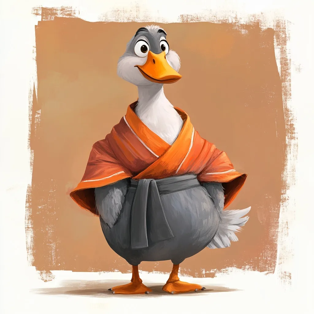 A cheerful cartoon duck, sporting a gray body and orange kimono-like attire cinched with a gray belt, stands against a muted orange backdrop.  The duck's expression is pleasant and slightly mischievous. The artistic style is digitally painted, with visible brushstrokes creating a textured effect.  The image evokes a sense of whimsy and gentle humor.