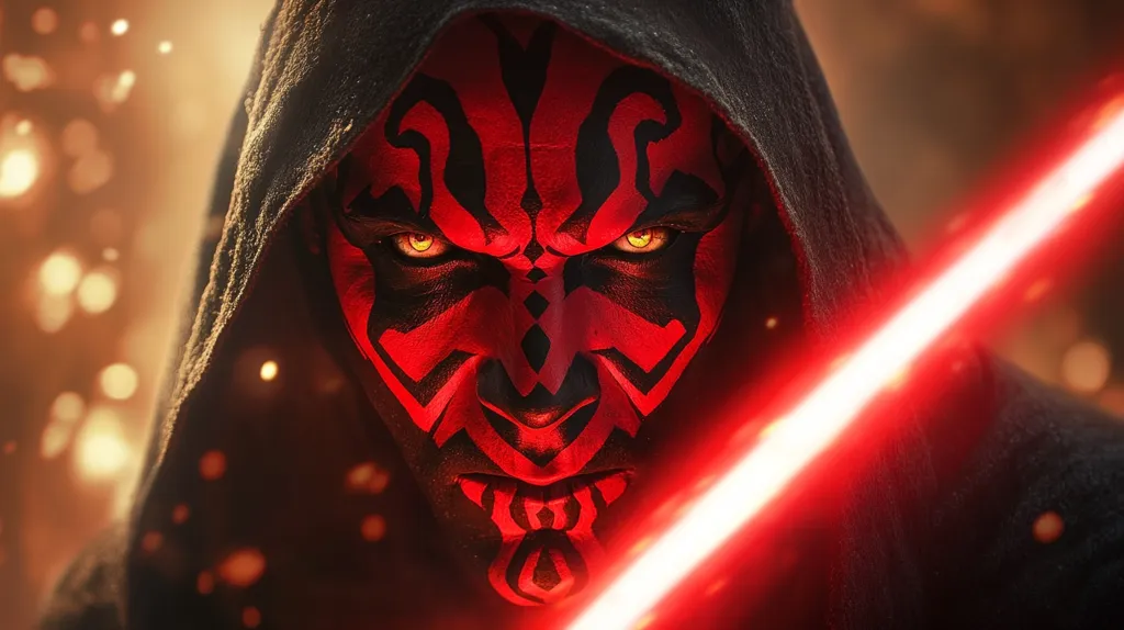 A close-up shot depicts Darth Maul, his face painted with menacing red and black markings.  His intense, yellow eyes glare from beneath a dark hood. A glowing red lightsaber cuts diagonally across the frame, emphasizing the character's powerful and sinister presence. The background suggests a fiery, chaotic battle scene.