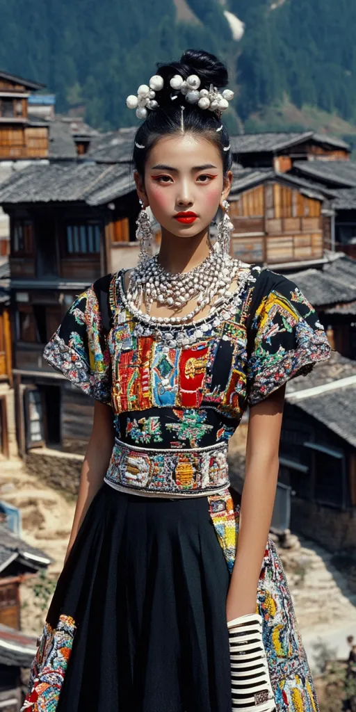 A young woman with dark hair styled in an updo adorned with white beads, poses against a backdrop of traditional Chinese village houses. She wears a striking black dress, richly embellished with colorful, intricate embroidery, layered with substantial silver necklaces and earrings.  Her makeup features bold red lips and defined eyes.  The overall image is a striking blend of modern fashion and traditional cultural elements.