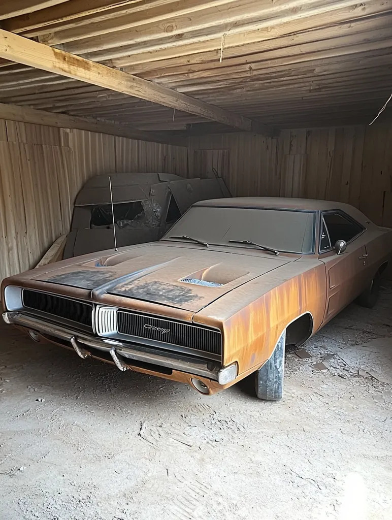 A heavily dust-covered, rusty orange Dodge Charger sits in a rustic wooden shed.  Another, partially visible car is behind it, also coated in dust. The Charger appears to be a classic model, showing significant signs of age and neglect. The overall scene suggests long-term storage in a dry, possibly desert climate.