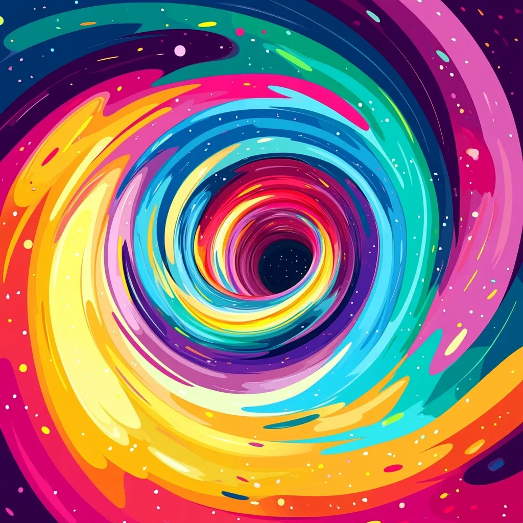 A vibrant, swirling vortex dominates the image, resembling a colorful black hole.  Layers of rainbow hues spiral inwards, creating a mesmerizing effect.  Specks of light suggest distant stars within the cosmic abyss at the center. The dynamic composition and bold color palette create a visually stunning and abstract representation of space.
