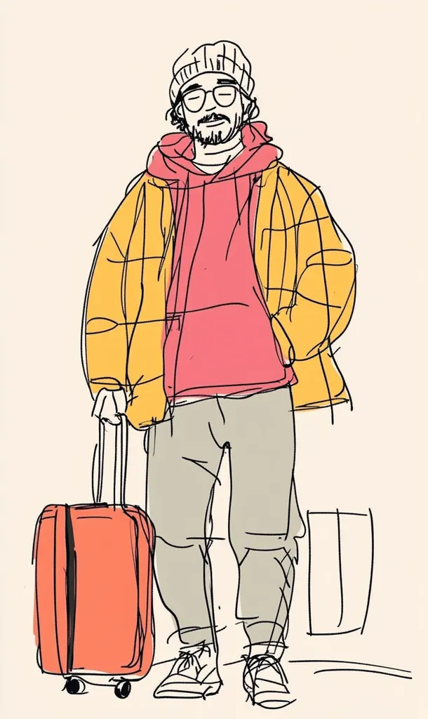 A line drawing of a man standing with a suitcase. He wears a yellow puffer jacket over a pink hoodie, gray pants, a knit cap, and glasses.  His beard and mustache are prominent. He appears to be waiting or traveling, his relaxed posture suggesting a journey's pause. The style is loose and expressive, prioritizing character over detail.