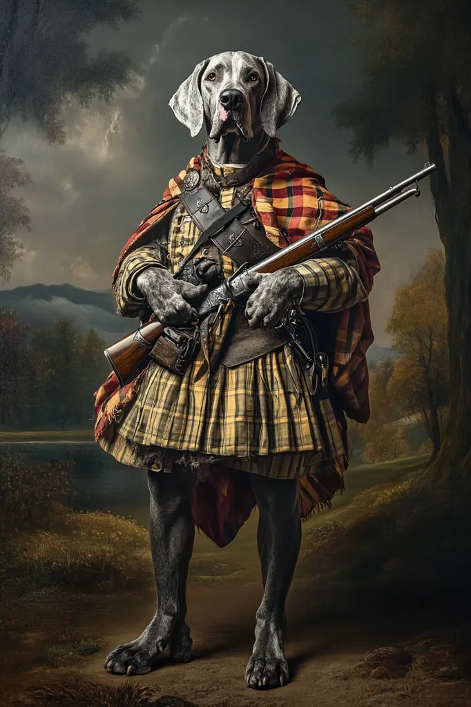 A Weimaraner dog is depicted in a regal portrait, dressed in a traditional Scottish kilt and plaid, holding a long rifle.  The setting is a dramatic landscape painting, complete with moody clouds, a lake, and trees. The dog's pose and attire create a humorous and unexpected juxtaposition of canine and human cultural elements. The image is a digitally created artwork.