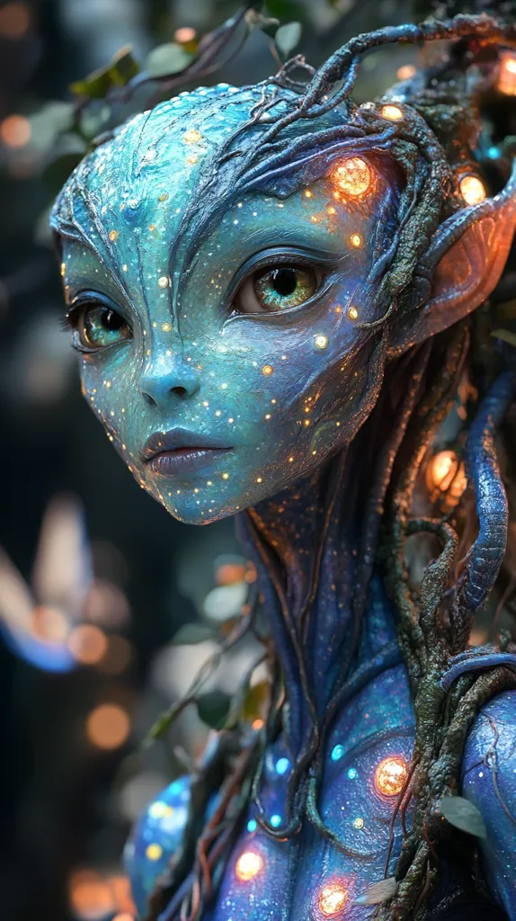 A digital rendering showcases a captivating alien creature.  Its skin, a mesmerizing blend of blue and teal, is adorned with luminous specks and intertwined with organic, vine-like structures.  Warm, glowing orbs are embedded within the vines, adding to its ethereal beauty.  Large, expressive eyes and delicate features complete the otherworldly being's portrait. The image evokes a sense of fantasy and wonder.