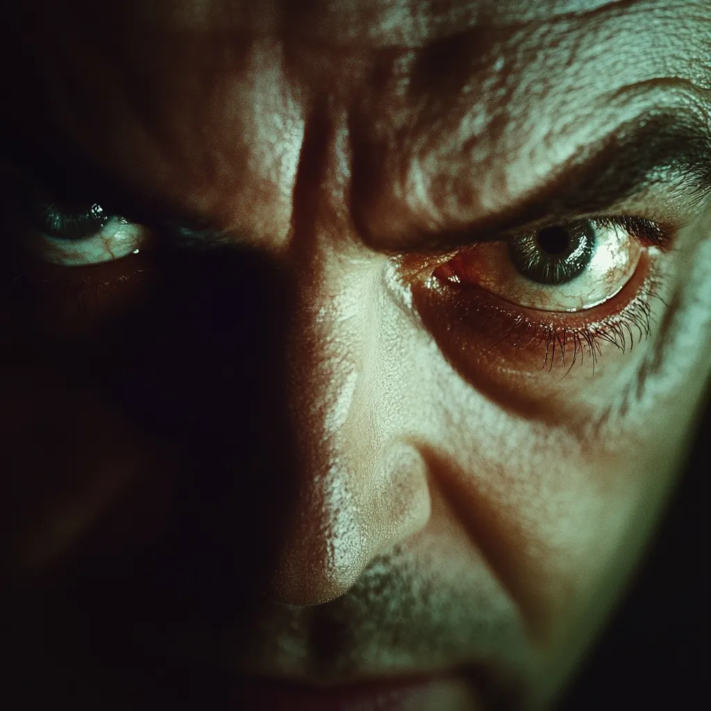A close-up shot reveals a man's face, partially obscured by shadow.  His eyes, narrowed and intense, convey anger or suspicion.  The harsh lighting accentuates deep wrinkles and a furrowed brow, emphasizing his grim expression.  The overall mood is dark and threatening.