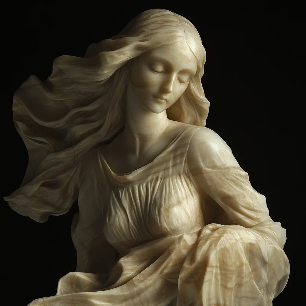 A stunning alabaster sculpture depicts a woman with flowing hair and a flowing gown. Her eyes are closed, and her head is bowed slightly, creating a serene and pensive mood. The detail in the drapery and hair is exquisite, showcasing the artist's skill in capturing movement and texture. The sculpture's warm tones and the dark background enhance its beauty and elegance. The overall impression is one of grace, tranquility, and ethereal beauty.