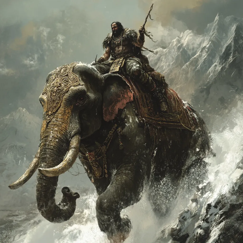 A powerful warrior, bearded and clad in furs, rides a majestic, ornately adorned elephant through a raging river.  The elephant, its tusks long and impressive, charges forward, splashing water as it navigates the rocky terrain.  Snow-capped mountains loom in the background, creating a dramatic and epic scene.  The warrior holds a staff, adding to his imposing presence.