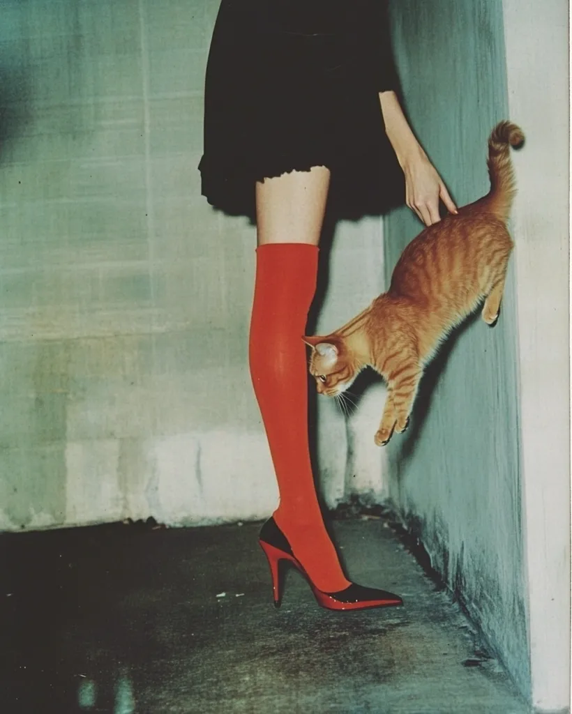 A woman in a black skirt and red stockings is shown from the knees down.  She wears red high-heeled shoes. A ginger cat is rubbing against her leg, near the wall. The setting appears to be an alleyway or urban exterior. The image has a vintage, slightly gritty aesthetic.