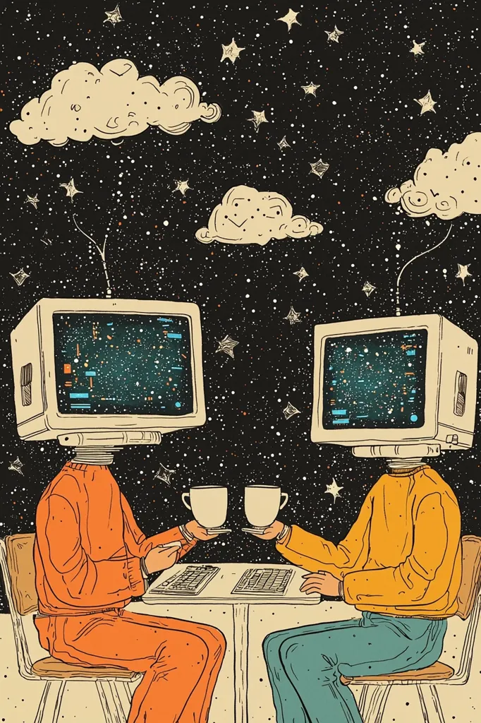 Two figures, their heads replaced with vintage computer monitors displaying starry skies, sit at a small table in space.  They share cups of coffee amidst a backdrop of stars and whimsical clouds.  The scene is rendered in a retro style, suggesting a whimsical and surreal encounter in a digital cosmos.  Their attire is simple yet colorful, enhancing the lighthearted tone.