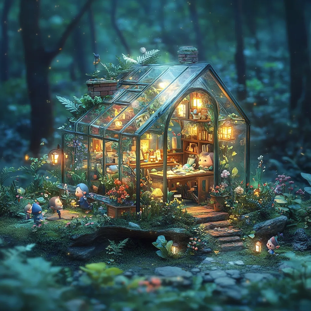 A whimsical glass greenhouse nestled in a lush, enchanted forest glows warmly at night.  Tiny figures, possibly fairies or gnomes, gather outside, observing a person working at a desk inside.  The greenhouse is filled with plants, books, and lanterns, creating a magical and cozy atmosphere.  Fireflies twinkle in the surrounding woods.