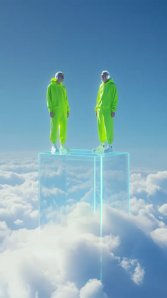 Two figures in matching neon green hoodies and white headphones stand on a glass platform above a sea of clouds under a clear blue sky.  They appear identical, facing each other, creating a symmetrical and surreal scene. The image evokes a sense of calm and isolation, contrasting the bright clothing with the serene background.
