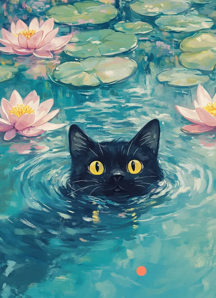 A black cat with bright yellow eyes emerges from a pond, its head and shoulders visible above the water.  Pink water lilies surround the cat in the tranquil scene, their petals partially submerged.  The water is depicted with soft, painterly strokes, creating a serene and whimsical atmosphere. The overall style is impressionistic, focusing on color and texture.