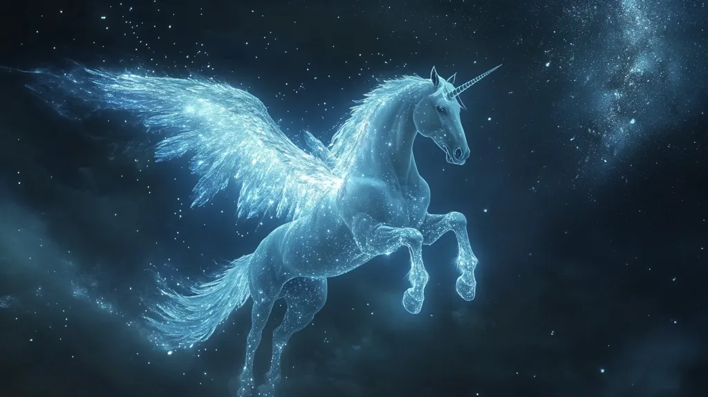 A majestic winged unicorn, rendered in ethereal, glowing blue light, leaps through a dark, star-speckled cosmos.  Its body and wings shimmer with countless particles, creating a magical and otherworldly effect. The unicorn's pose is dynamic and graceful, conveying a sense of freedom and wonder against the vast backdrop of space.