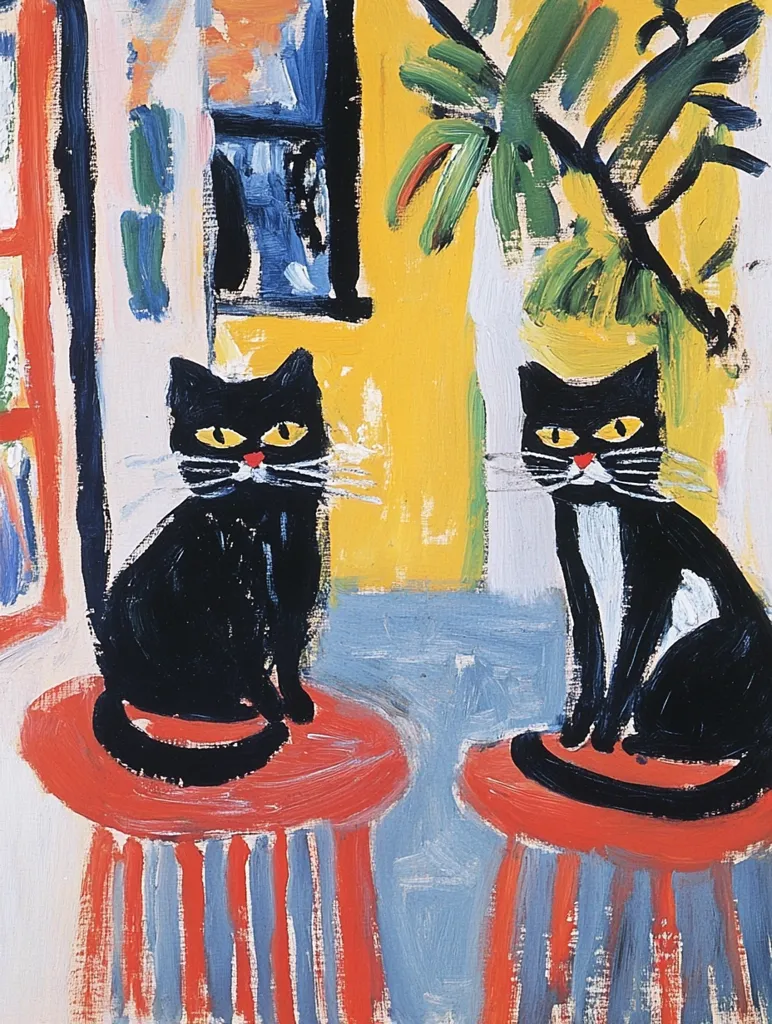 Two black cats with white chests sit on red stools in a brightly colored room.  The room features a yellow wall, a partially visible window, and a stylized plant.  The painting is done in a bold, expressive style with thick, visible brushstrokes and simplified forms.  The overall effect is playful and vibrant.