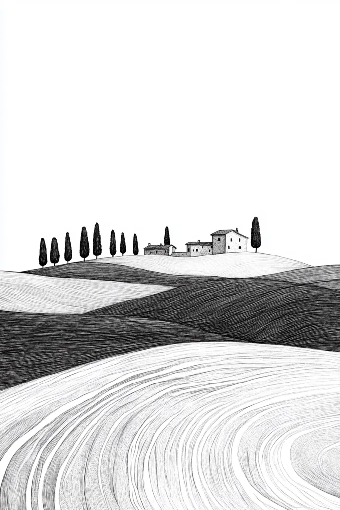 A black and white illustration depicts a serene Tuscan landscape. Rolling hills, rendered with meticulous linework, dominate the foreground, their contours suggesting cultivated fields.  A line of slender cypress trees punctuates the horizon, leading the eye to a small cluster of simple, stone farmhouses nestled atop a gentle rise. The minimalist style and stark contrast create a peaceful and timeless scene.