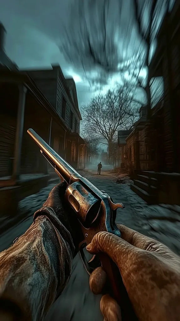 A first-person perspective shows a weathered hand gripping a revolver, aimed down a snow-dusted street between aged buildings.  A lone figure walks distantly in the foreground, under a brooding, motion-blurred sky. The scene evokes a sense of tension and impending action, reminiscent of a Wild West showdown.  The overall atmosphere is dark and gritty.