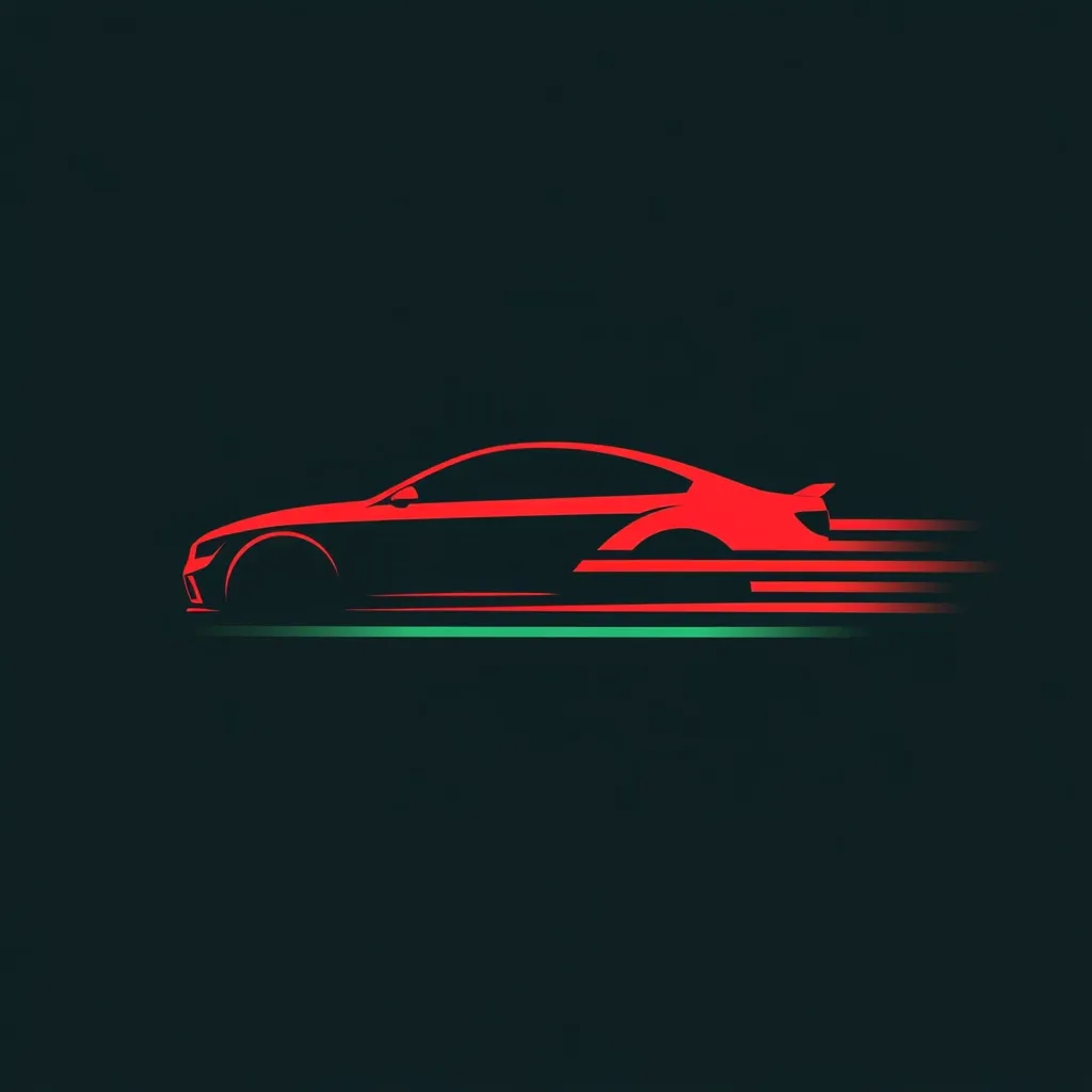 A stylized red sports car is depicted in profile view against a dark background.  The car is depicted in motion, suggested by stylized speed lines trailing behind it. The minimalist design emphasizes the car's sleek lines and dynamic form, creating a sense of speed and power.  A thin teal line separates the car from the bottom of the image.