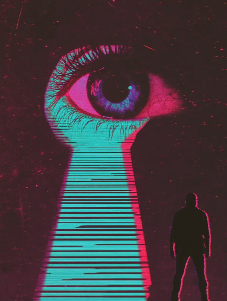 A stylized image depicts a giant eye, rendered in vibrant pink and teal, resembling a keyhole.  Its form transitions into a path of glitching, digital lines leading downwards to a lone, silhouetted figure standing in the dark. The overall aesthetic is synthwave, blending retrofuturistic elements with a sense of mystery and surveillance.  The contrast between the intense colors and the dark background creates a dramatic effect.