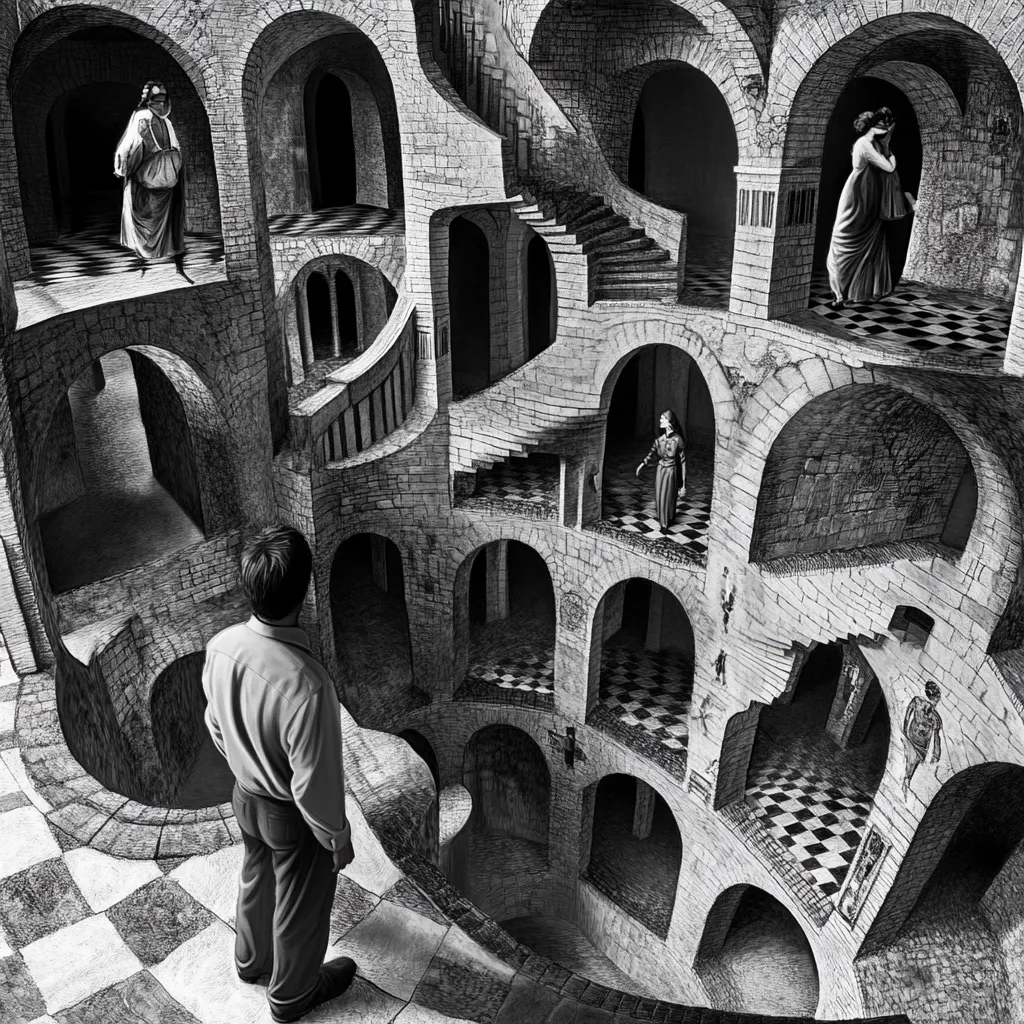A man stands on the edge of a dizzying, Escher-esque structure of interconnected archways and staircases.  Figures are sparsely placed within the labyrinthine building, appearing small and isolated. The monochrome palette emphasizes the surreal and dreamlike quality of the architecture, creating a sense of depth and disorientation.  The overall impression is one of mystery and introspection.