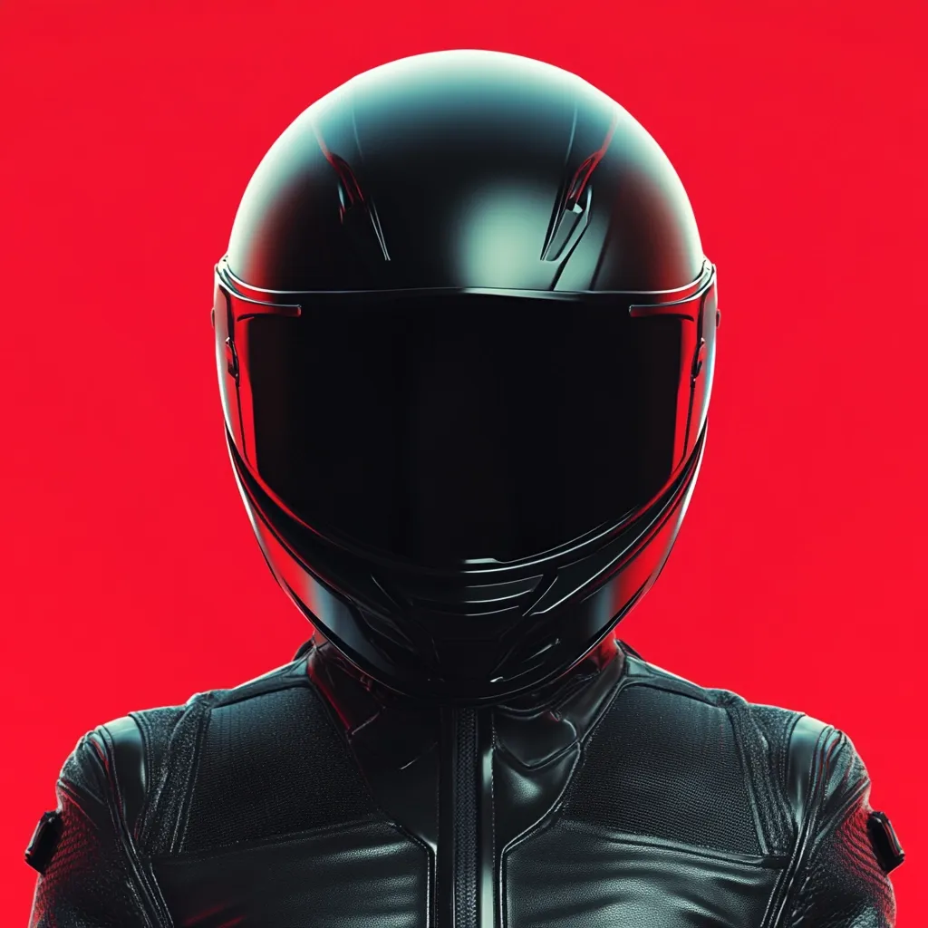 Close-up of a person wearing a black motorcycle helmet and matching leather suit against a vibrant red background. The helmet is sleek and modern, with a dark visor obscuring the rider's face. The image has a high contrast, emphasizing the black leather and the red backdrop. The overall feel is stylish and mysterious.
