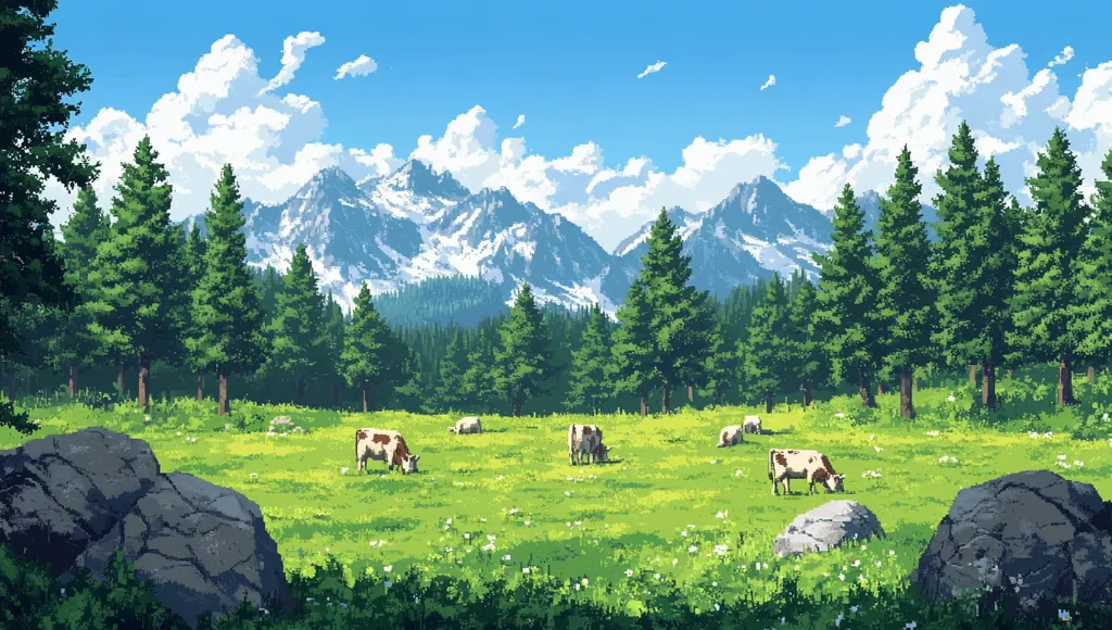 A pixel art landscape depicts a serene meadow dotted with grazing cows.  Lush green grass and wildflowers carpet the valley floor, bordered by a dark green pine forest.  In the distance, snow-capped mountains rise majestically under a bright blue sky, punctuated by fluffy white clouds.  Large boulders flank the foreground, adding depth to the idyllic scene.