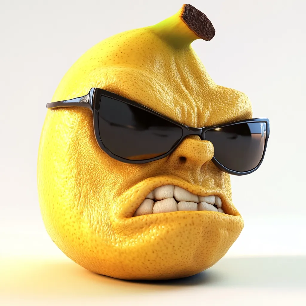 A 3D rendering depicts a lemon with a human-like face, sporting dark sunglasses.  The lemon's expression is one of intense anger, its mouth contorted in a snarl revealing its teeth. The skin texture is detailed, highlighting the fruit's natural imperfections. The overall image is humorous, contrasting the typically pleasant imagery of lemons with a grumpy, almost menacing, persona.