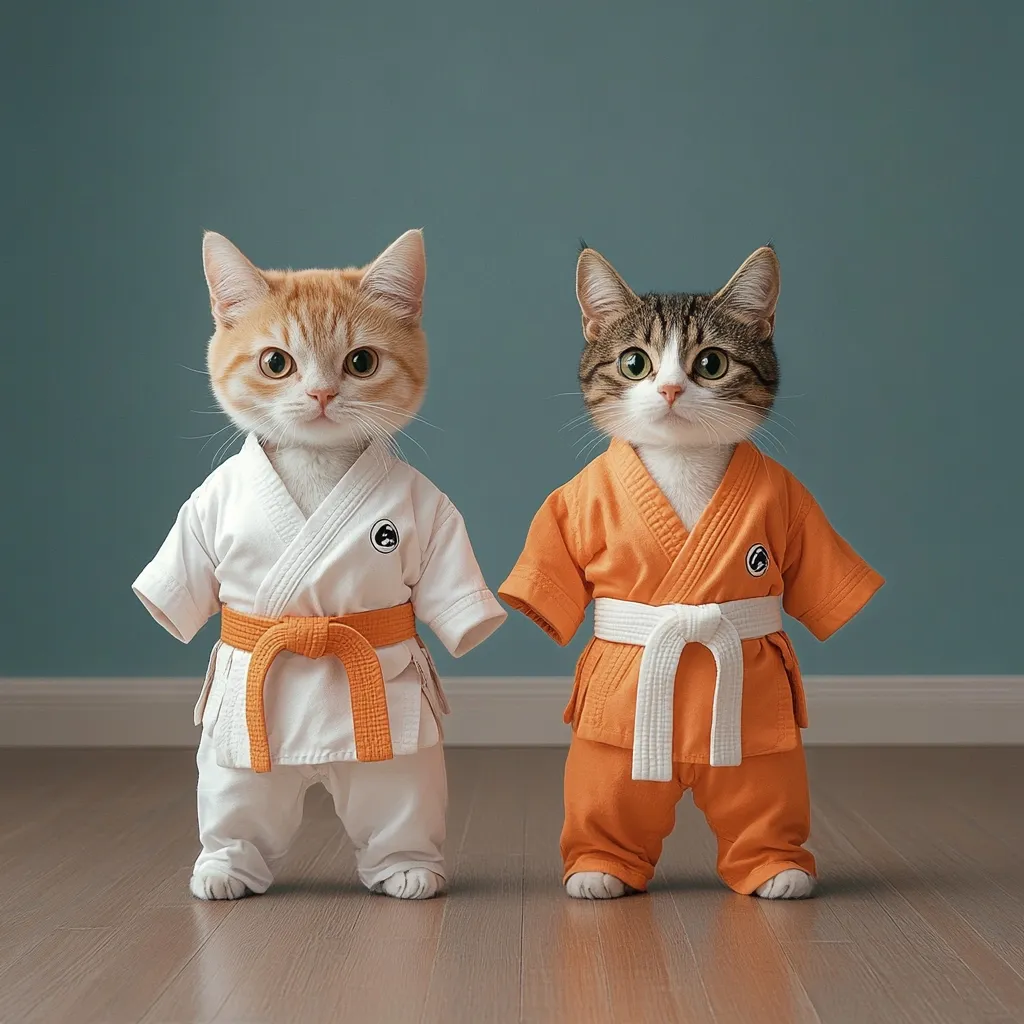 Two adorable cats stand side-by-side, dressed in miniature karate gis.  One cat wears a white gi with an orange belt, while the other sports an orange gi with a white belt.  They are positioned against a muted teal background, creating a charming and humorous image.  Their serious expressions add to the whimsical scene, as if ready for a feline martial arts showdown.