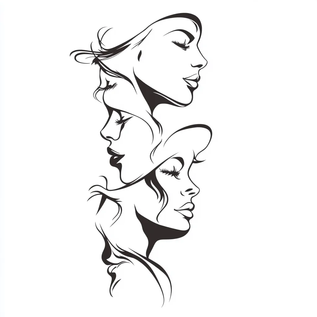 A stylized line drawing showcases three women's faces in profile, layered vertically.  Their eyes are closed, conveying serenity.  The flowing lines of their hair blend seamlessly, creating a sense of unity and feminine grace. The minimalist black and white aesthetic emphasizes the elegance of the composition.