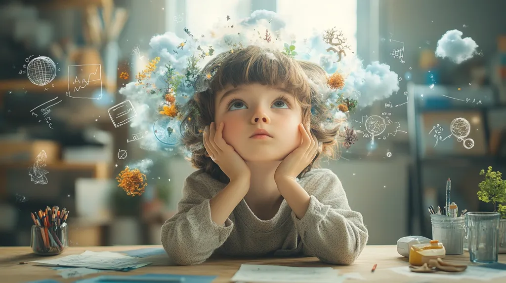 A young child sits at a desk, hands supporting their chin, gazing thoughtfully upward.  Surrounding their head are whimsical illustrations of clouds, plants, and mathematical equations, suggesting a vibrant and imaginative inner world brimming with creativity and intellectual curiosity. The scene is softly lit, evoking a sense of wonder and potential.