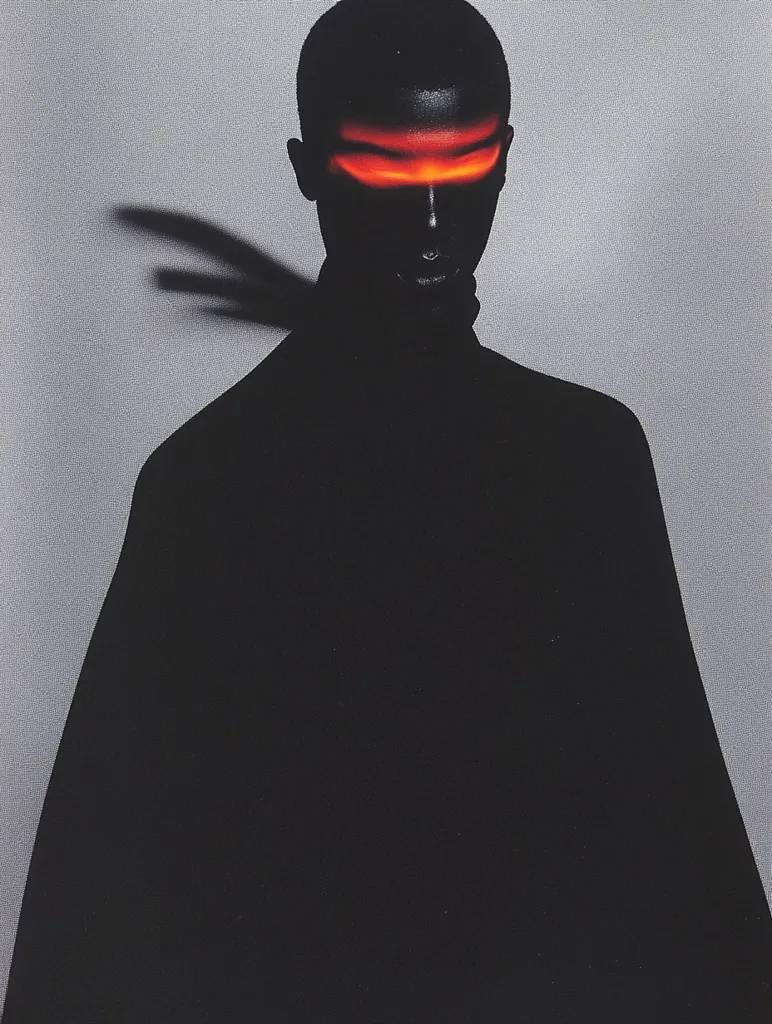 A dark, shadowy figure, possibly a person, is shown against a light gray backdrop.  The figure wears a dark turtleneck and is almost entirely silhouetted, with only a band of warm orange light across their eyes visible. A faint shadow resembling an arm stretches across the background. The image evokes a sense of mystery and anonymity.