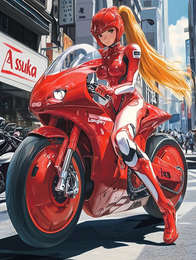 A female anime character with long blonde hair, wearing a red racing suit and helmet, sits astride a vibrant red motorcycle.  The bike, labeled "Langley," is sleek and futuristic.  The setting is a bustling city street with Japanese signage visible in the background. The overall style is dynamic and highly detailed, showcasing a blend of anime and realistic elements.