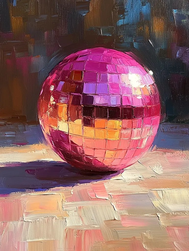 A vibrant pink disco ball is the focal point of this impasto oil painting.  The artist uses thick, textured brushstrokes to depict the reflective surface of the ball, capturing highlights and shadows with bold color variations.  The background is a dark, impressionistic rendering, contrasting with the brightly lit sphere which casts a shadow on the textured, pale surface below. The overall style is expressive and dynamic.