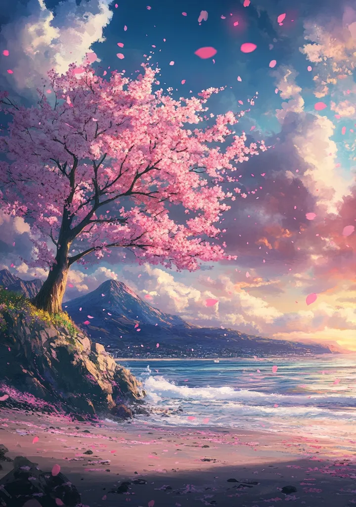 A breathtaking digital painting depicts a serene coastal scene.  A vibrant pink cherry blossom tree stands proudly on a rocky cliff overlooking a tranquil ocean.  Pink petals gently fall, creating a magical ambiance.  A picturesque mountain range forms a stunning backdrop under a soft, pastel sky.  The overall impression is one of peaceful beauty and tranquility.