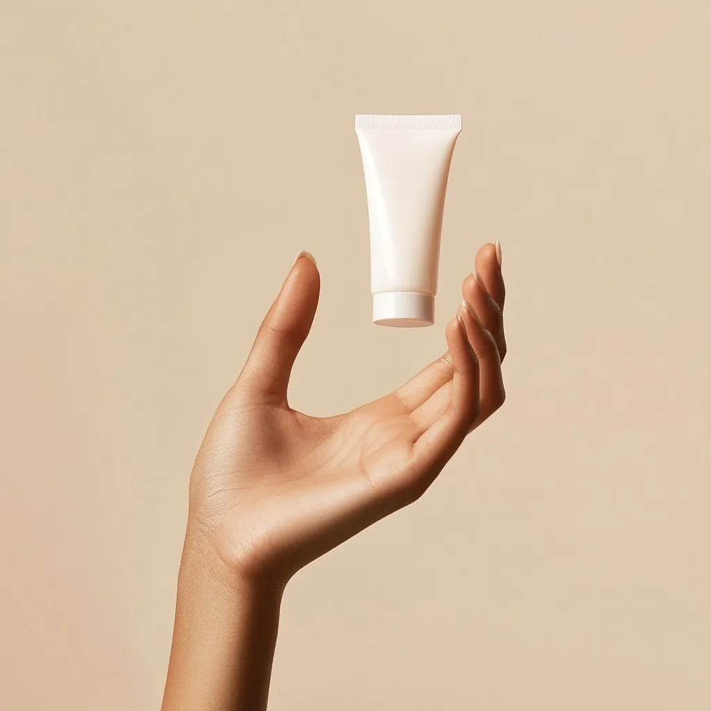 A hand hovers a small, unlabeled, white tube of cream above an open palm. The hand and tube are centered against a light beige background.  The image has a clean, minimalist aesthetic, suggesting skincare or beauty product advertising. The focus is on the product and the gentle interaction with the hand.