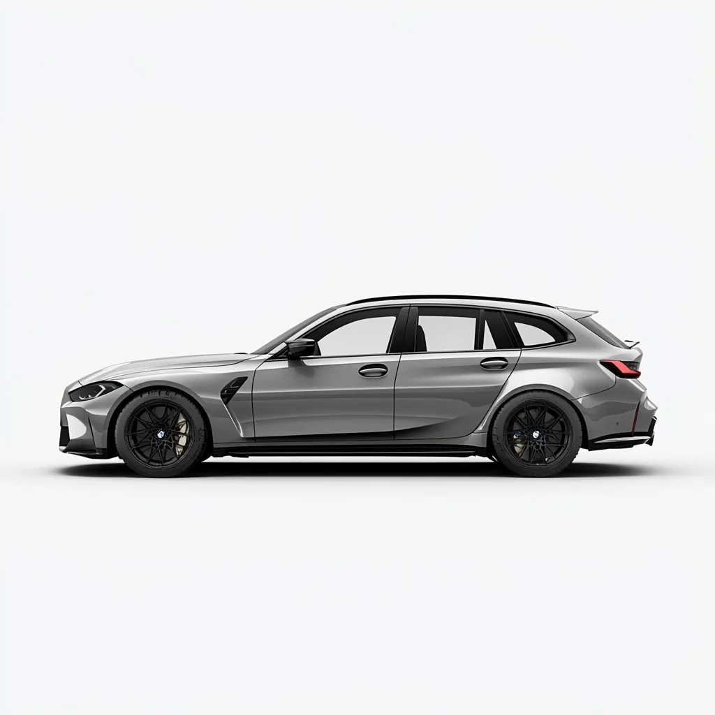 A sleek, silver BMW M3 Competition Touring station wagon is showcased in a side profile view against a stark white background.  The car's powerful design is emphasized, highlighting its sporty stance and aggressive lines.  Black alloy wheels and subtle black accents complement the silver body. The image is clean and focuses on the vehicle's aesthetic appeal.