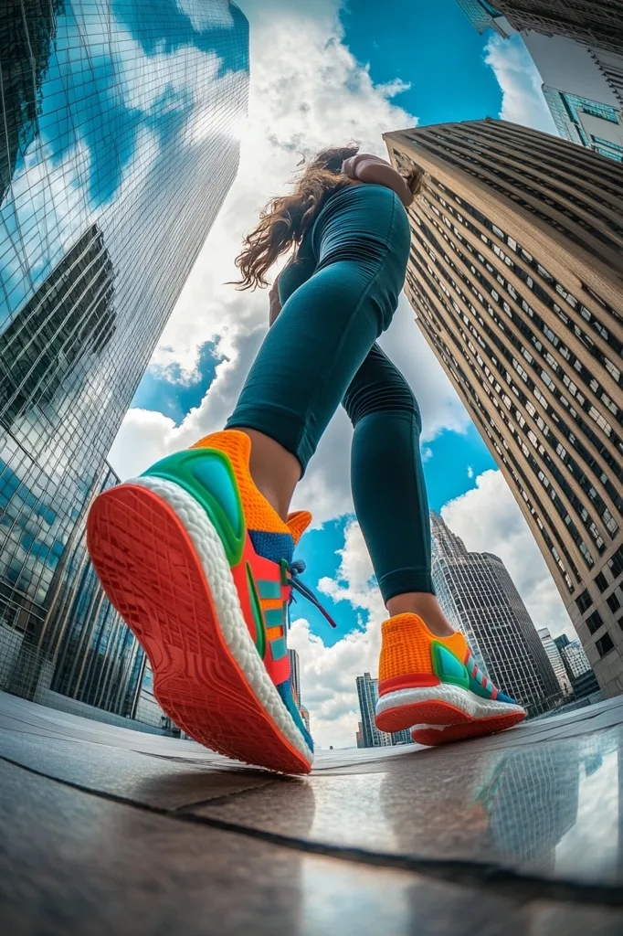 A low-angle, fisheye shot captures a woman's vibrant sneakers as she walks between towering skyscrapers. The shoes, a striking mix of orange, teal, and blue, dominate the foreground.  The woman's legs and long brown hair are partially visible against the backdrop of modern architecture and a partly cloudy sky. The perspective creates a sense of scale and urban energy.